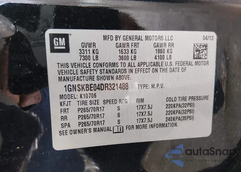 2013 Chevrolet Tahoe Lt z USA, uszkodzony, nr VIN 1GNSKBE04DR321488